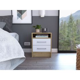 White and Light Oak 2-Drawer 1-Shelf Rectangle Nightstand