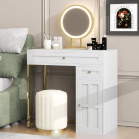 31.5" Makeup Vanity Desk with Lighted Mirror, Luxury Dressing Table with 2 Drawers and 1 Cabinet, 3 Lighting Modes Available for Bedroom, White-Gold