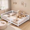 Full Size Floor Platform Bed with Fence and Door for Kids, Montessori Floor Bed Frame with Support Slats for Toddlers, Wooden Floor Bed White