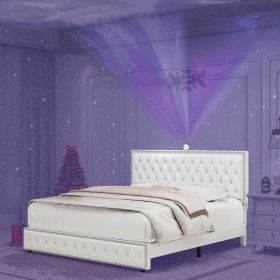 Queen Size Bed Frame with Star Projector Galaxy Light, Adjustable Upholstered Headboard with Diamond Button, USB Charger, Music Speaker, PU Leather