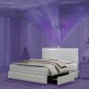 Queen size bed frame with 4 drawers, Star Galaxy Projector, USB Charger, Music Speaker, Adjustable Upholstered Headboard with Diamond Button