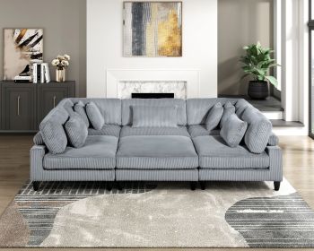 6pc Modular Sectional Set Gray Corduroy Upholstery 3x Armless Chairs 2x Corner Seats 1x Ottoman Pillows Living Room Furniture