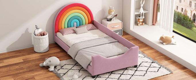 Rainbow Upholstered Twin Daybed Low to The Ground Design Cute Style Princess Bed for Boys & Girls, Teens, Colorful & Pink