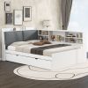 Wood Full Size platform bed with Trundle, Shelves and Storage Headboard, White