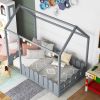 {Slats are not included}Twin Size Wood Bed House Bed Frame with Fence,for Kids,Teens, Girls,Boys {Gray}{OLD SKU:WF194274AAE}