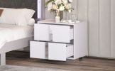 Elegant Nightstand with Metal Handle,Mirrored Bedside Table with 2 Drawers for Bedroom,Living Room,White