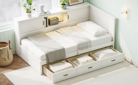 L-Shaped Bed Frame with Drawer and and Bookcase,Corner Bed Wooden Captain Bed with Led Downlight and USB Port for Small Room,Bedroom, Guest Room (Color: as Pic)