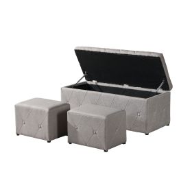 1 Piece Rectangular Storage Ottoman Short velvet with 2 Set Ottomans (Color: Beige)