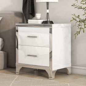 Elegant High Gloss Nightstand with Metal Handle,Mirrored Bedside Table with 2 Drawers for Bedroom,Living Room (Color: White, Material: MDF)