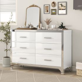 Elegant High Gloss Dresser with Metal Handle,Mirrored Storage Cabinet with 6 Drawers for Bedroom,Living Room (Color: White, Material: MDF)