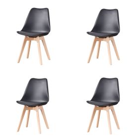 Mid Century Modern Dining Chairs, with Wood Legs, Armless Kitchen Chairs, Shell Lounge Plastic Side Chair with Soft Padded Kitchen, Dining Room (Color: Black, Quantity: 4)