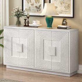 Vintage Distressed 4-Door Sideboard with Adjustable Shelves and Geometric Pattern for Dining Room,Kitchen and Living Room (Color: Antique White, Material: Solid Wood+MDF)