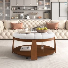 Modern Large Round Ottoman Coffee Table 2-Tier Oversized Button Tufted Ottoman with Wood Shelf Storage Upholstered Coffee Table for Living Room Footre (Color: Ivory White, Material: Rubber Wood)