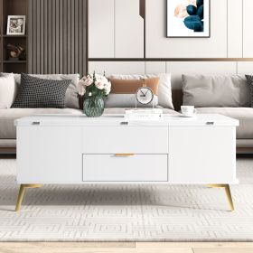 Modern Lift Top Coffee Table Multi Functional Table with Drawers (Color: White, Material: MDF+Steel)