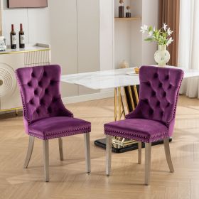 Modern High-end Tufted Solid Wood Contemporary Velvet Upholstered Dining Chair with Chrome Stainless Steel Plating Legs,Nailhead Trim,Set of 2 (Color: Purple, Material: Velvet)