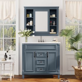 36'' Bathroom Vanity with Top Sink, Grey Mirror Cabinet, Modern Bathroom Storage Cabinet with 2 Soft Closing Doors and 2 Drawers (Color: Blue, Material: MDF)