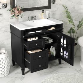 36'' Bathroom Vanity with Top Sink, Modern Bathroom Storage Cabinet with 2 Drawers and a Tipout Drawer, Single Sink Bathroom Vanity (Color: Black, Material: Solid Wood+MDF)