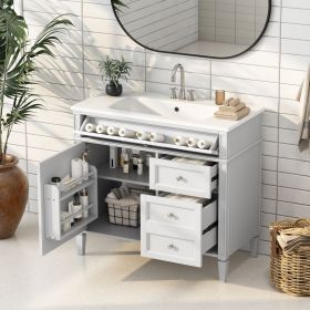 36'' Bathroom Vanity with Top Sink, Modern Bathroom Storage Cabinet with 2 Drawers and a Tip-out Drawer, Single Sink Bathroom Vanity (Color: White, Material: Solid Wood+MDF+Resin)