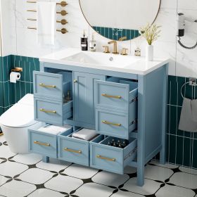 36'' Bathroom Vanity with Resin Sink Combo, Solid Wood Frame Bathroom Storage Cabinet, Freestanding Vanity Set with 5 Drawers& Soft Closing Doors (Color: Blue, Material: Solid Wood+MDF+Resin)