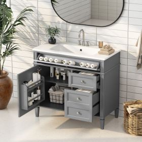 36'' Bathroom Vanity with Top Sink, Modern Bathroom Storage Cabinet with 2 Drawers and a Tip-out Drawer, Single Sink Bathroom Vanity (Color: Grey, Material: Solid Wood+MDF+Resin)