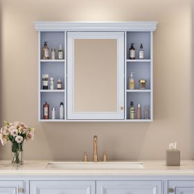 35'' x 28'' Wall Mounted Bathroom Storage Cabinet with Mirror Door, Modern Bathroom Wall Cabinet with Mirror, Medicine Cabinet with 6 Open Shelves (Color: Blue, Material: MDF+glass)