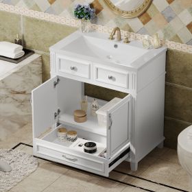 30'' Bathroom Vanity with Resin Sink,Solid Wood Frame Bathroom Storage Cabinet with Soft Closing Doors,Retro Style (Color: White, Material: Solid Wood+MDF+Resin)