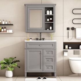 30'' Bathroom Vanity with Top Sink, Modern Bathroom Storage Cabinet with 2 Drawers and a Tipout Drawer, Freestanding Vanity Set with Mirror Cabinet (Color: Grey, Material: Solid Wood+MDF+Resin)