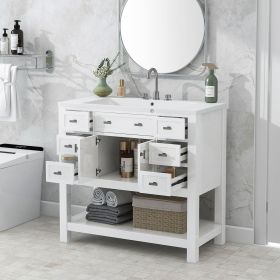 36'' Bathroom Vanity with Top Sink, Modern Bathroom Storage Cabinet with 2 Soft Closing Doors and 6 Drawers, Single Sink Bathroom Vanity (Color: White, Material: MDF)