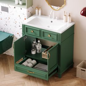 30'' Bathroom Vanity with Resin Sink,Solid Wood Frame Bathroom Storage Cabinet with Soft Closing Doors,Retro Style (Color: Green, Material: Solid Wood+MDF+Resin)