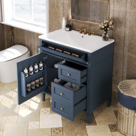 30'' Bathroom Vanity with Top Sink, Modern Bathroom Storage Cabinet with 2 Drawers and a Tipout Drawer, Single Sink Bathroom Vanity (Color: Blue, Material: Solid Wood+MDF+Resin)