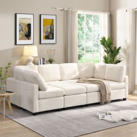 103" Sectional Sofa Couch Sofa Bed U-shaped Sofa with Two Movable Ottoman and Three USB Ports for Living Room (Color: Beige, Material: Chenille)