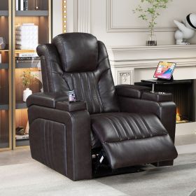 PU Leather Power Recliner Home Theater Recliner with Power Adjustable Headrest, Wireless Charging Device, USB Port, Storage Arms (Color: brown, Material: PU Leather)