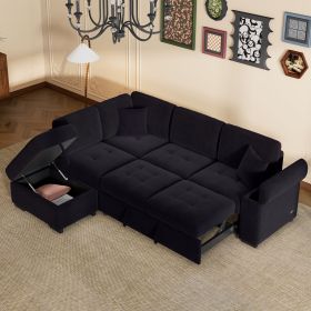 Sleeper Sectional Sofa, L-Shape Corner Couch Sofa-Bed with Storage Ottoman & Hidden Arm Storage & USB Charge for Living Room Apartment (Color: Black, Material: Velvet)