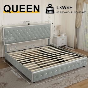 Queen size bed frame with 4 drawers, Star Galaxy Projector, USB Charger, Music Speaker, Adjustable Upholstered Headboard with Diamond Button,Velv (Color: as Pic)