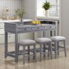 4-piece Dining Bar Table Set with 3 Upholstered Stools,Multifunctional Dining Table with 3 Drawers (Gray)